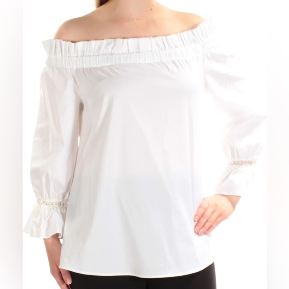 Alfani Off-Shoulder Ruffle White Long Sleeve Peasant Lace Trim Blouse Size 16